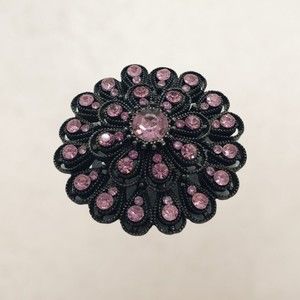 Vintage Pink Rhinestone Circular Brooch Pin w/Gunmetal Toned Setting